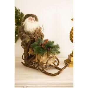 Woodland Santa Primitive Rustic Sleigh Brown Fur Father Christmas Trapper Decor